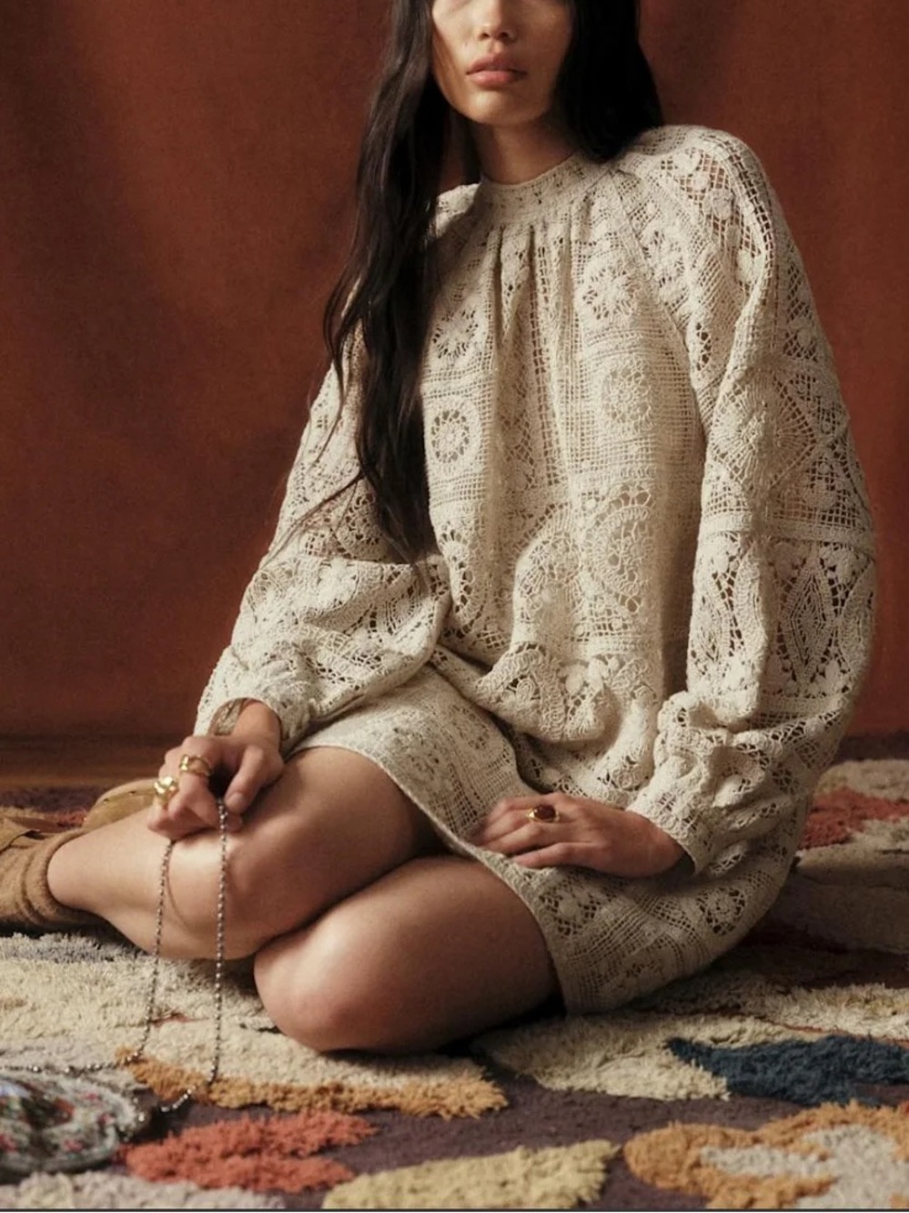 Sezane X Baziszt Genevieve Cream Crochet Lace Mini Dress with Puff Sleeves